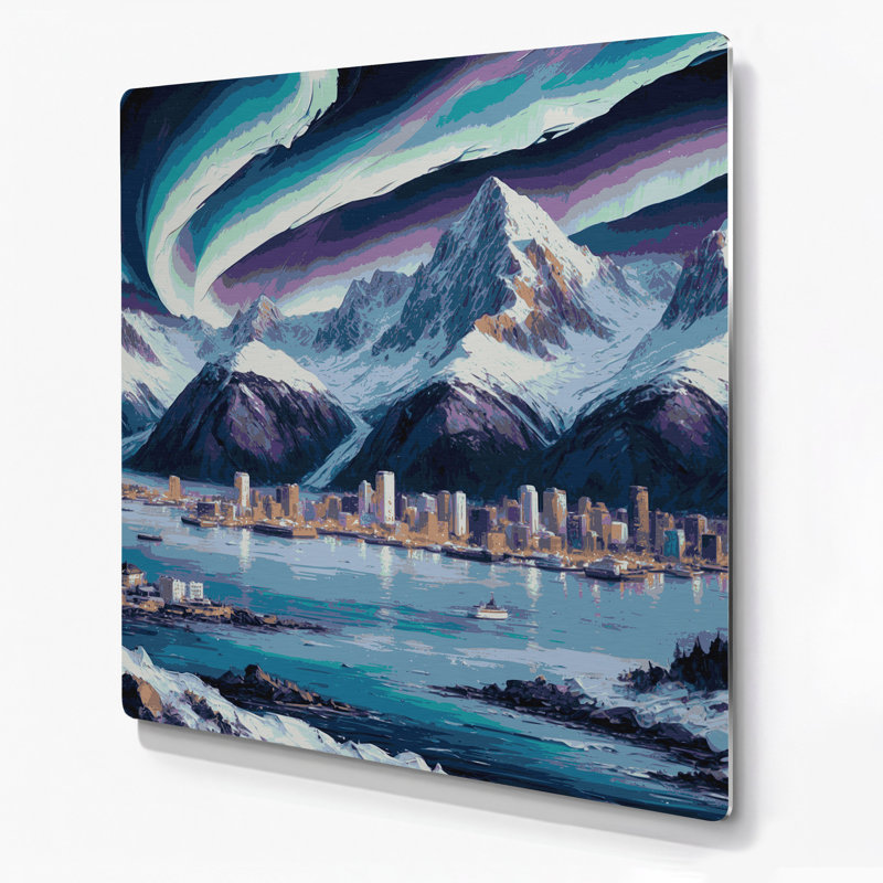 Art mural gris avec villes en Alaska, H 32 po x l 32 po