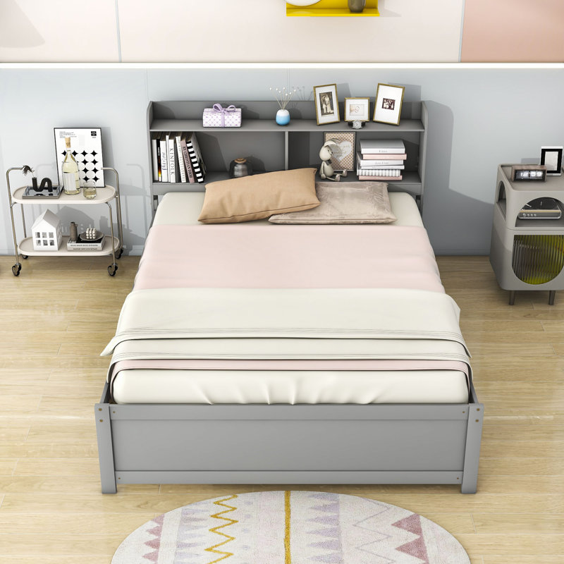 Lit plateforme en bois avec lit gigogne simple et rangement Halvorsen, gris