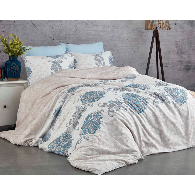 Ensemble de housse de couette de luxe très grand super luxe Ranforce, 102 x 86, 100% coton, 140 fils | Comprend 2 taies d'oreiller (19,7 x 31,5) | Lavable à la machine, élégant bleu, blanc et gris | Literie douce, durable et confortable