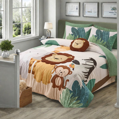 De literie pour lit double / grand lit double, microfibre safari vert avec coussin lion
