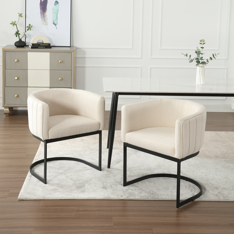 Modern Barrel Dining Chair With Backrest And Armrests Side Chair For Dining Room, Parlor And Balcony, Linen Beige, Black