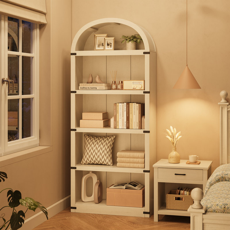 Bookcase 5 Shelf Arched Bookshelf 71.65in Tall Bookcase Farmhouse Display Storage Rack Wooden Bookshelves for Home Office, Living Room