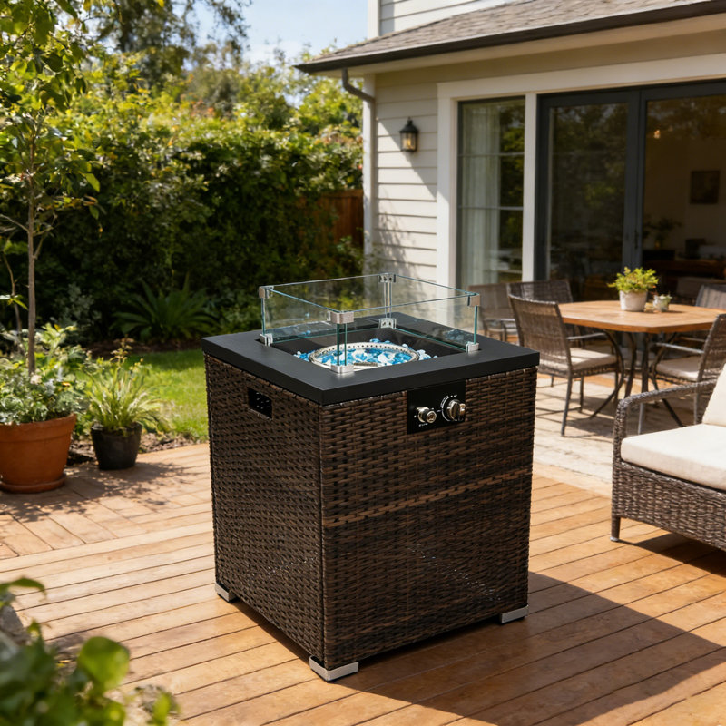 Steel Fire Pit Table With Wicker Base - 22" Square Propane Outdoor Heater, 50,000 BTU For Patio & Garden