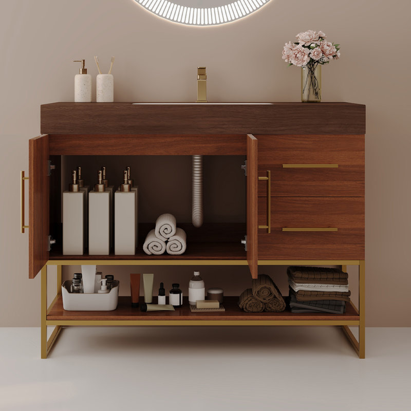 Meuble-lavabo moderne 36 "avec lavabo, finition élégante or et bois