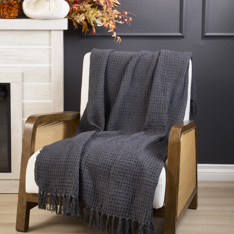 Jeté en coton avec pompons Waffle, Gris