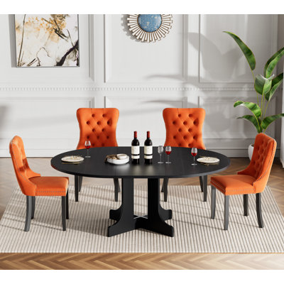 43.31" -59.06" Extendable Round Dining Table Set, Black Dining Room Table & Velvet Dining Chairs with Wood Leg, Rustic Kitchen Dining Table and Chairs