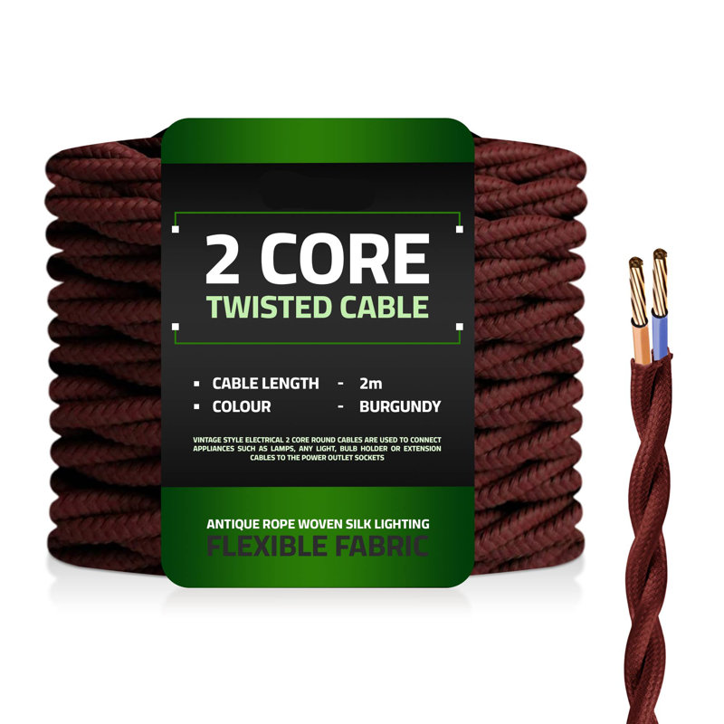2Core Twisted Vintage Coloured 0.75Mm Braided Fabric Flexible Electrical UK Lighting Wire Cable, Burgandy
