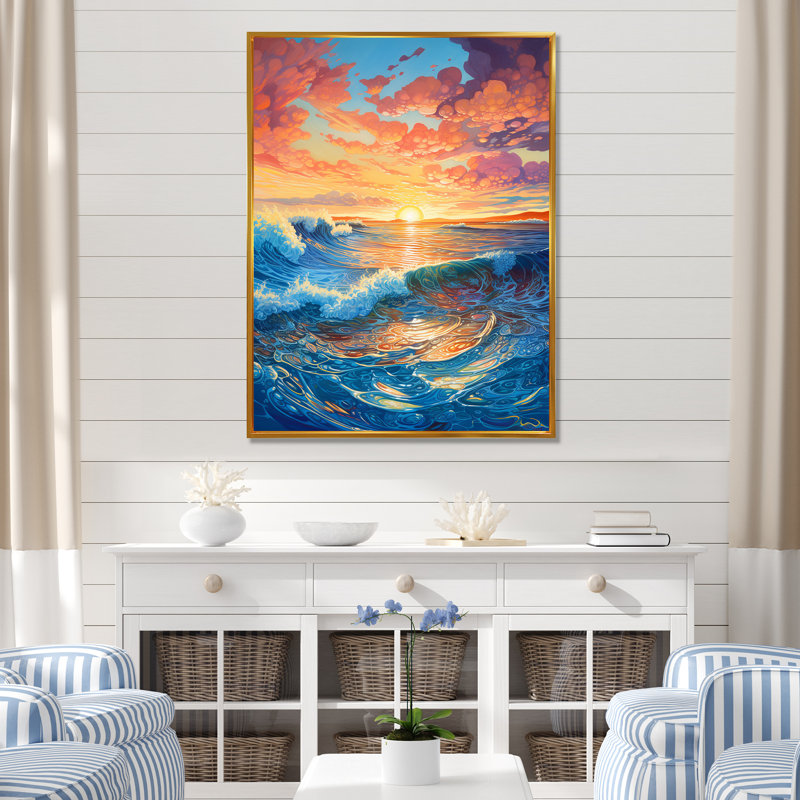 «Rainbow Ocean Sunrise III», reproduction sur toile, Cadre flottant doré, H 32 po x l 16 po x P 1 po