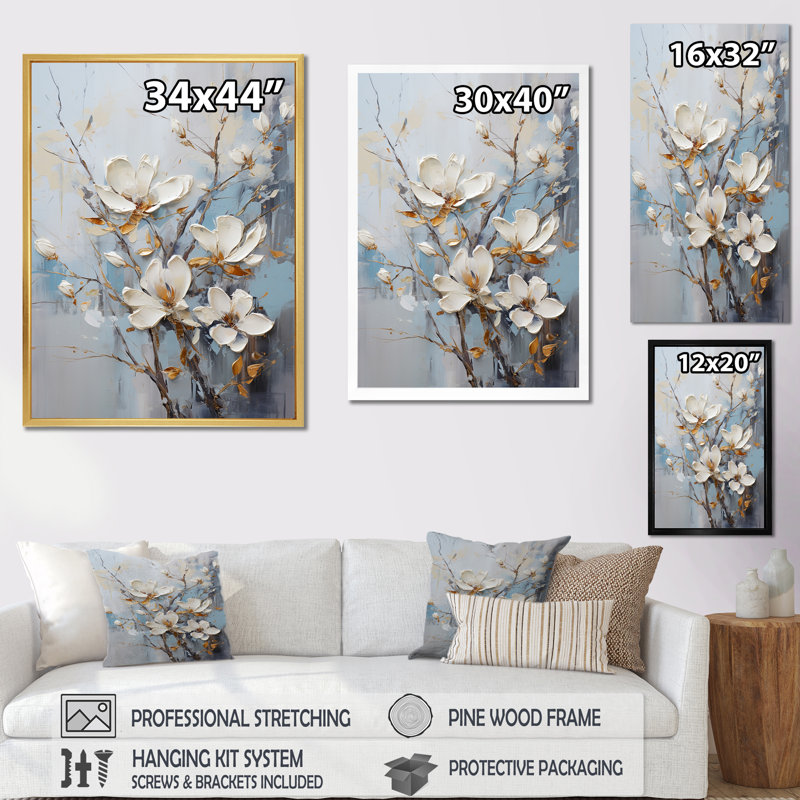 «Magnolias Beauty Blossums II» beige et doré sur toile, Cadre simple noir, H 20 po x l 12 po x P 1 po