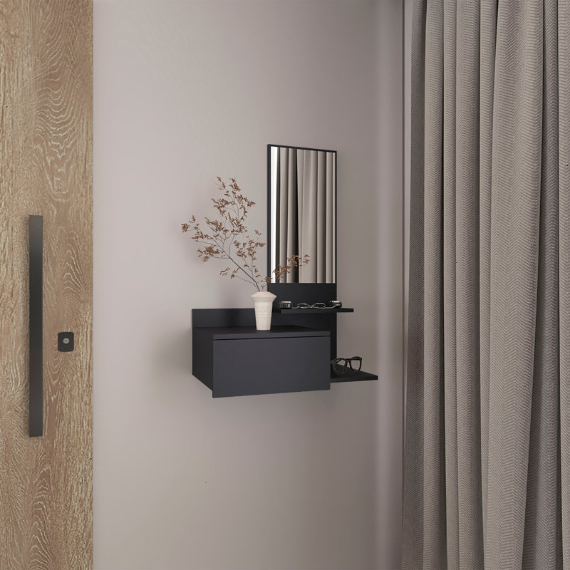 Vienna 23.6" Wide 3-Tier Shelf  Floating  Mirror Console Table, Full Extension Drawer White, Black