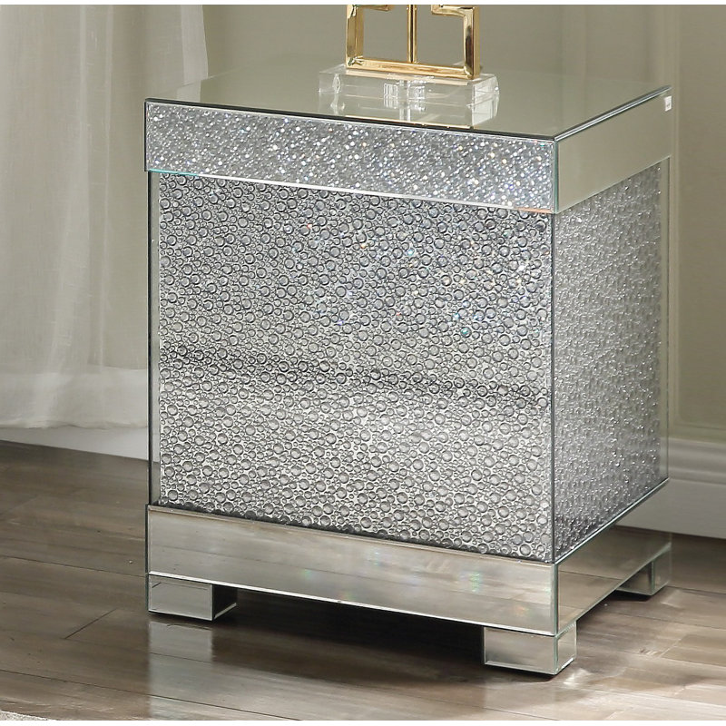 Hymir Glam Square End Table with Mirrored Glass Top in Faux Round Crystals