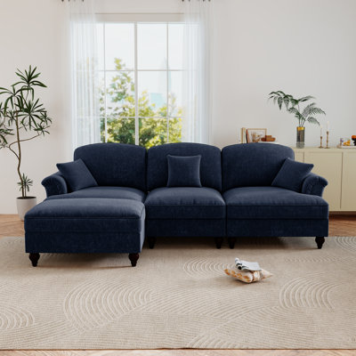 4 Piece Upholstered L-Shaped Modular Sectional Sofa With Ottoman,Deep Seat Cloud Couch With Removable Ruffles Pleats Skirt