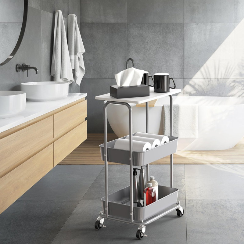 Chariot mobile multifonctionnel à deux niveaux - support de rangement mobile avec plateau en bois et roulettes verrouillables