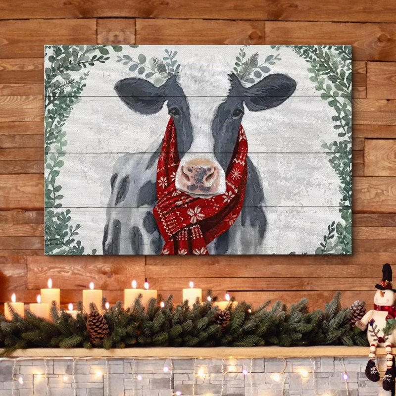 Panneau de décoration effet bois, hiver, vache à la ferme, célébrations et fêtes, décoration, art moderne, Toile tendue
