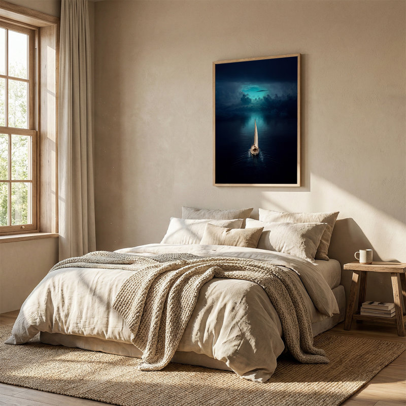 Voilier blanc sur fond d'océan foncé sous un bleu sarcelle, H 36 po x l 24 po