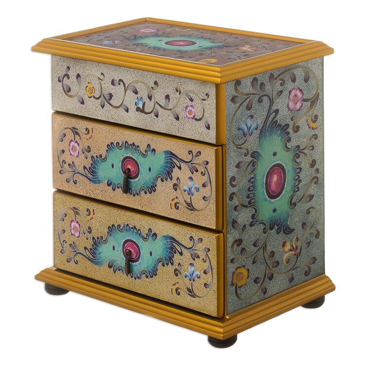 Reverse Painted Floral Glass Jewelry Box Chest from Peru - Vintage