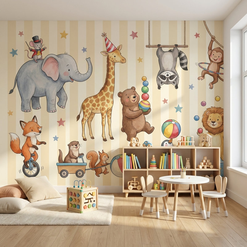 Circus Animals Wallpaper Kids Wallpaper Watercolor Illustration Wall Mural, 160"x108", Non-Woven Nonpasted