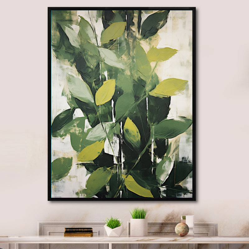 Abstrait, plantes vertes, minimalisme, collage rétro I, H 44 po x l 34 po x P 1,5 po, Cadre flottant noir