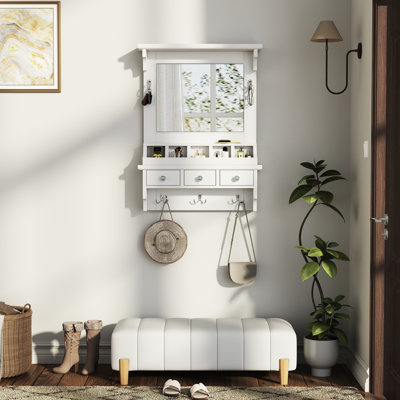Meuble-lavabo mural flottant, blanc, tiroirs, pochettes, crochets, miroir 31,7 po