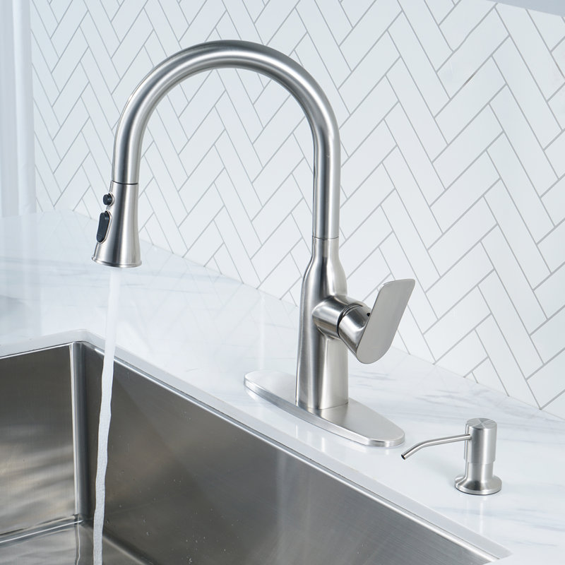 Single Handle Pull Down Kitchen Faucet with Soap Dispenser in Stainless Steel, Nickel