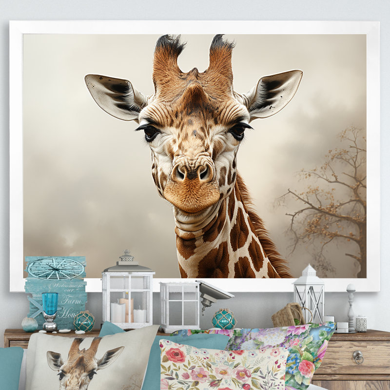 Beige Giraffe Classic Elegance - Giraffe Wall Art, White Single Picture Framed, 16" H x 32" W x 1" D