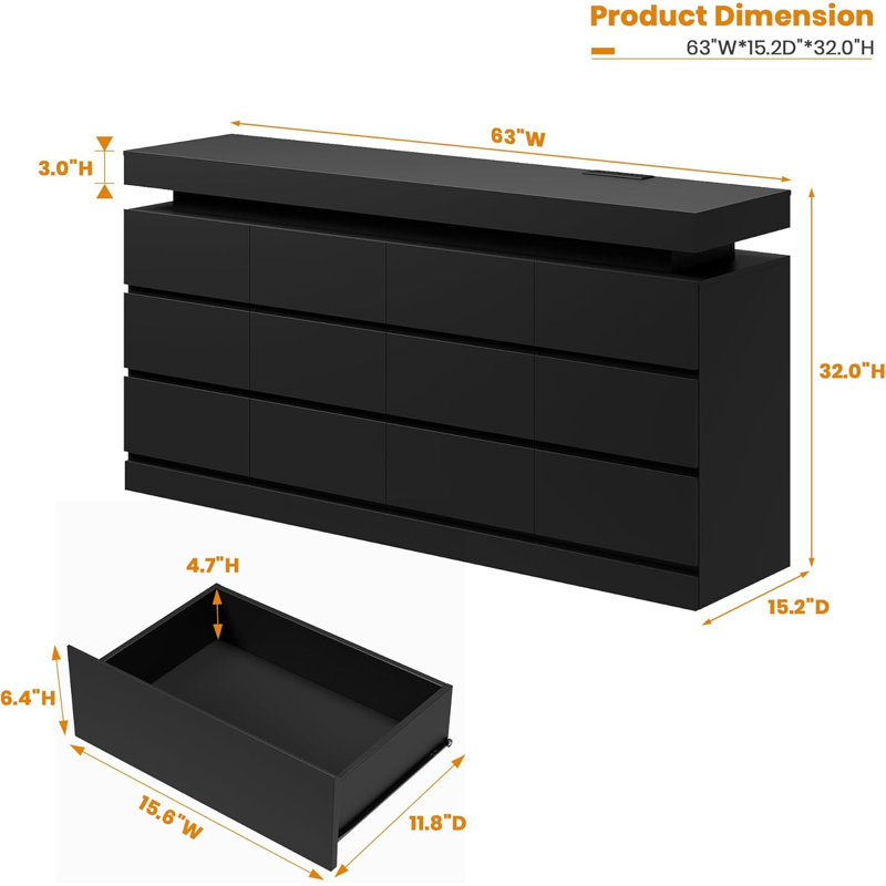Commode 12 tiroirs pour chambre à coucher, commode de 63 po de largeur avec éclairage DEL et station de charge, Black