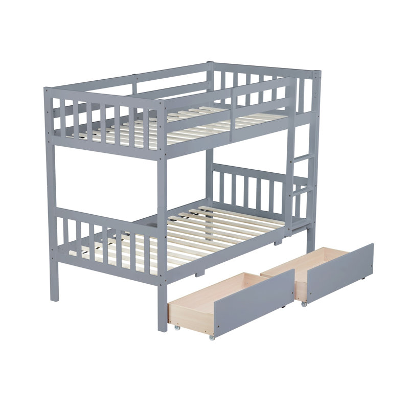 Lit superposé simple en bois d'hévéa avec tiroirs, convertible en 2 lits simples, échelle et barrières de sécurité, gris