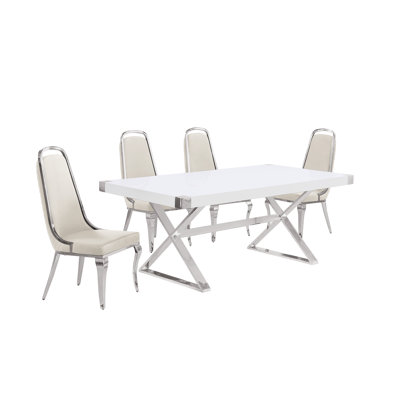 Ensemble de salle à manger en bois blanc avec chaises d'appoint en velours (5 ou 7 pièces)
