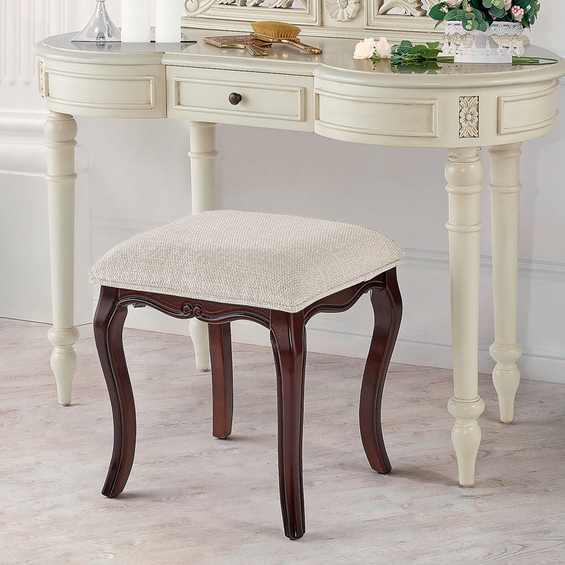 Cherry Finish European-Style Vanity Stool with Upholstered Cushion
