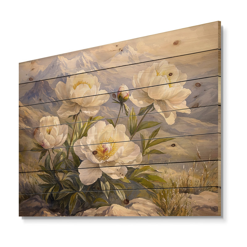 Pivoines près de la crête de montagne II - Art mural en bois pivoines - sur bois de pin naturel