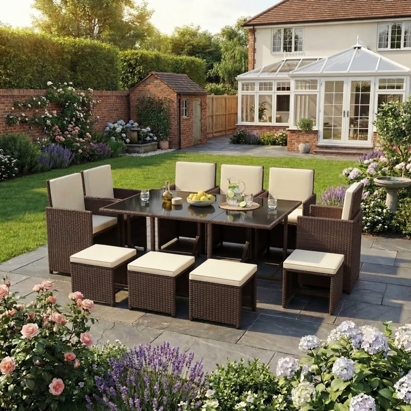Exia 10 Seater Dining Set with Cushions, UKFR Certified, Brown