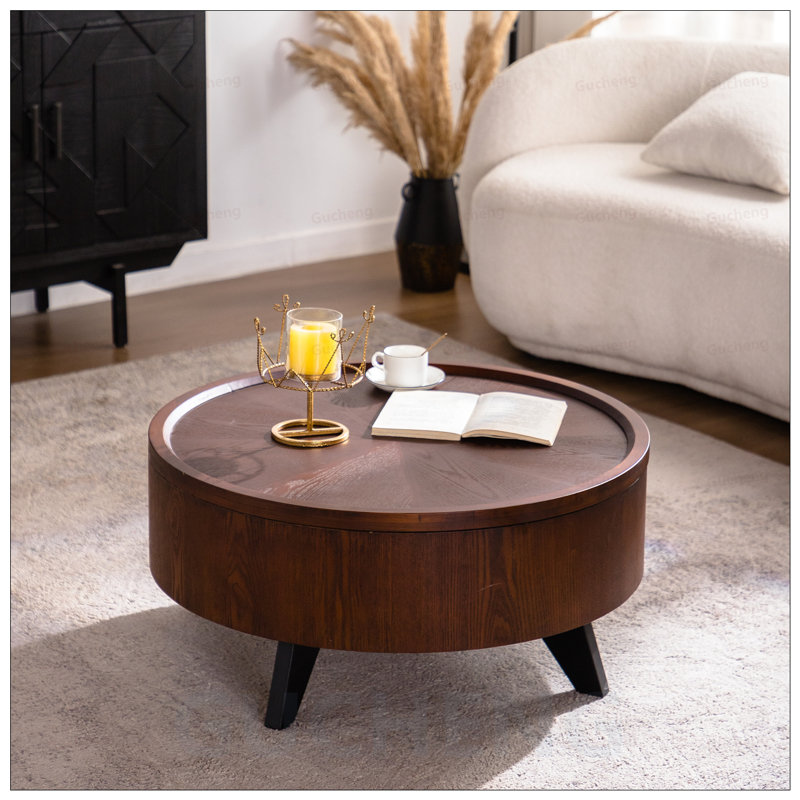 Table basse ronde de style Mid-Century moderne avec rangement caché, bois massif et panneau de fibres à densité moyenne, finition bois foncé pour le salon