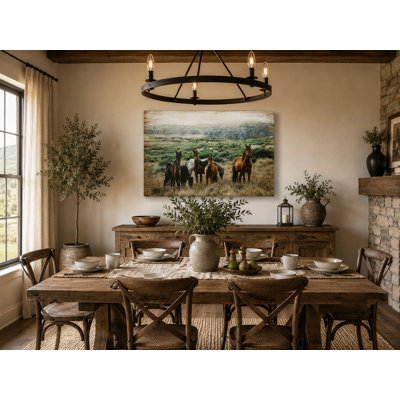 Wild Horses Meadow Landscape Wrapped Canvas Wall Art | Rustic Farmhouse Nature Canvas Print | Ready to Hang, Unframed