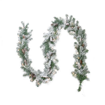 9' x 8"" Pre-lit Flocked Victoria Pine Artificial Christmas Garland - Clear Lights -  Northlight Seasonal, M84202