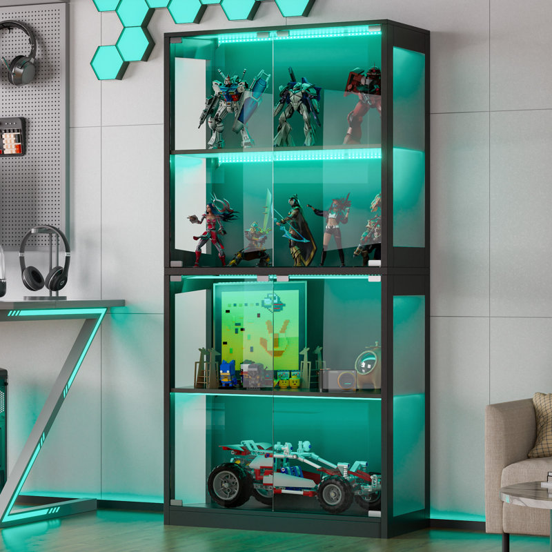 Display Cabinet With Glass Doors, 4-tier Curio Display Case, Collectibles Display Shelf With 12 Color Lights, Toy Bookshelf And Bookcase Cabinet For Collectible Playroom, Living Room