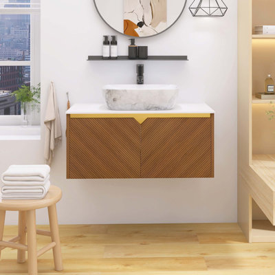 Wall-Mounted Plywood Bathroom Vanity With Vessel Basin, Twill Double Doors With Metal Trim