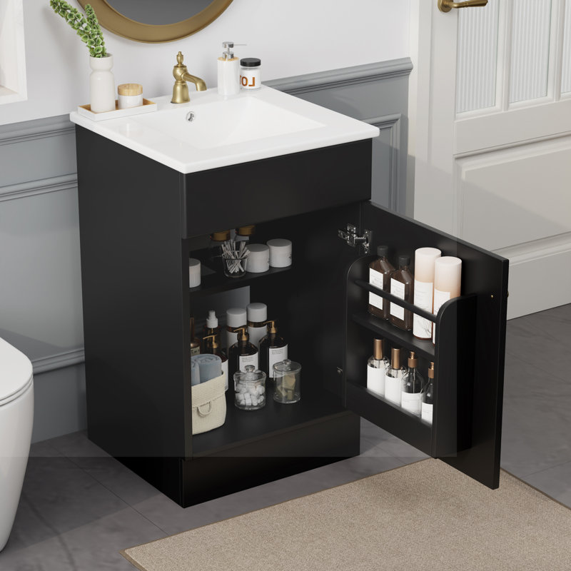 Armoire de meuble-lavabo avec tablette de porte et tablette réglable, Noir, noir, noir, noir