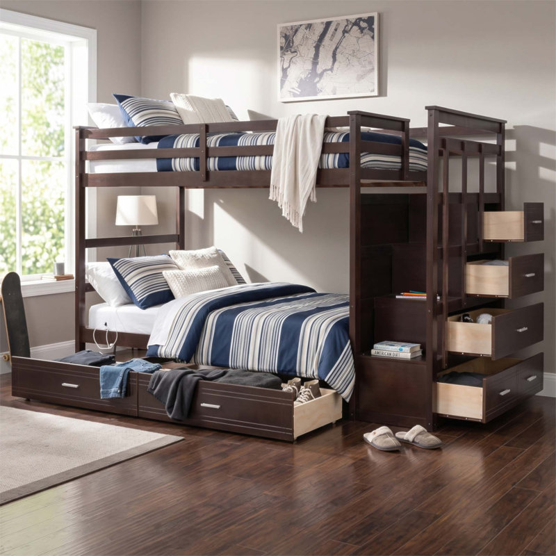 Lit superposé simple au-dessus de simple avec 2 tiroirs et escalier, maximisant l'espace et la sécurité pour les soirées pyjama en famille (sans matelas)