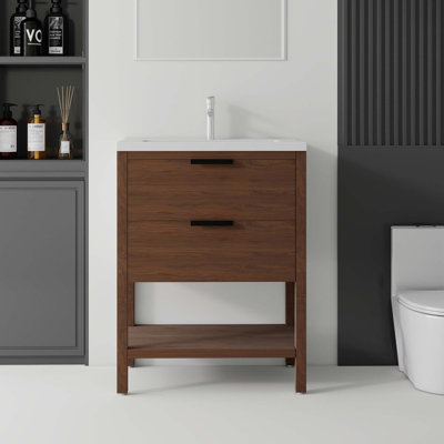 Meuble-lavabo autoportant avec lavabo en céramique intégré et rangement à fermeture en douceur