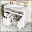 Meuble-lavabo de 36 po avec lavabo, armoire en bois massif blanc, tiroir rabattable, 3 tiroirs, 2 portes à fermeture en douceur, poignées dorées, design moderne, deux ensembles-607079968