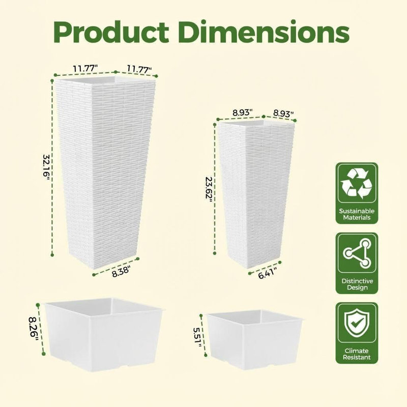 Modern Rattan Planter Set – Large Tall & Short 24"/32" White Flower Pots, Indoor Outdoor Use, Drainage, Removable Liners, Garden Patio Plant Containers – Colour: White, Specs: 1 tall 1 short
