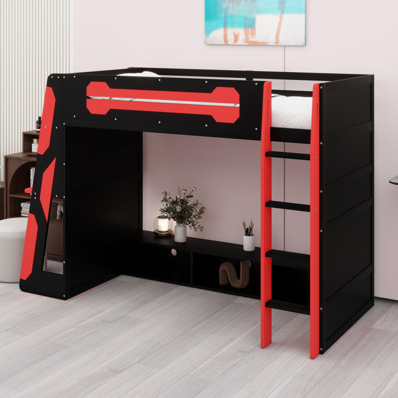 Lit mezzanine avec bureau intégré, tablettes de rangement multifonctionnelles et éclairage RVB, Rouge