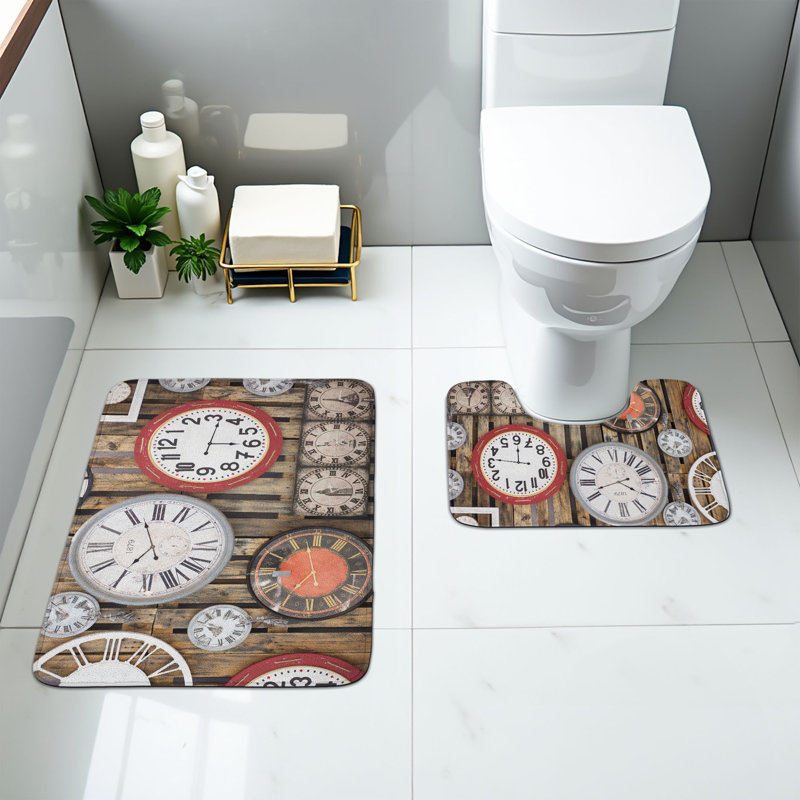 Ensemble de 2 tapis antiques pour salle de bain brun et rouge