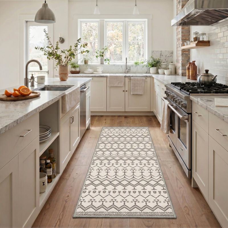 Abrahamson Zenora Geometric Machine Washable Beige / Brown Indoor Area Rug with Non-Slip Backing, Runner 2' x 7'