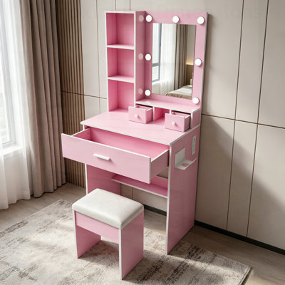 Table de coiffeuse compacte avec miroir, lumières DEL réglables, prise de courant, support pour sèche-cheveux et tabouret pour les petites chambres