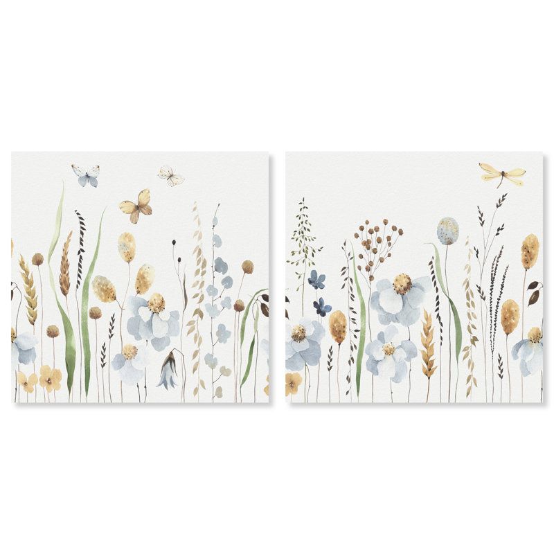 Floral and Botanical Blissful Spring SET Cabin / Lodge Blue Canvas Wall Art Print, L 12 po x H 12 po