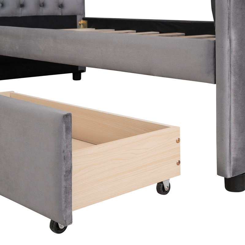 Lit de jour gris simple avec tiroirs et zone de couchage en lattes de bois massif, Gris