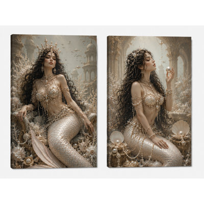 Extra-Large Set of 2 Pearl Mermaid Wall Art Canvas Prints Elegant Fantasy Ocean Goddess Artwork Coastal Bedroom Decor 24x36 Inch Canvas Print - Ready to hang