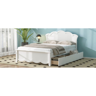 Lit plateforme simple en bois avec tête de lit et deux tiroirs, blanc