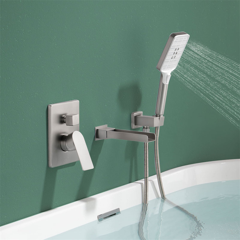 Wall Mounted Waterfall Tub Faucet with Hand Shower 1 Handle Bathtub Faucet Brass, Brushed Nickel